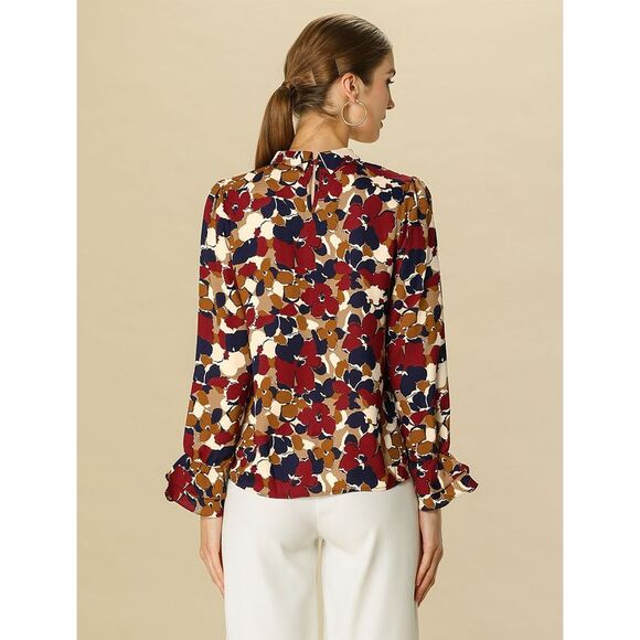 Floral Tie V Neck Blouse Chiffon Ruffle Trumpet Top Red - Picture 5 of 6